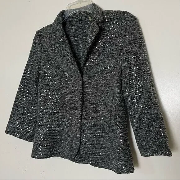 Elie Tahari Y2K Crop Glittery Jacket Womens Small Crochet Sequined Blazer Gray - Picture 4 of 11